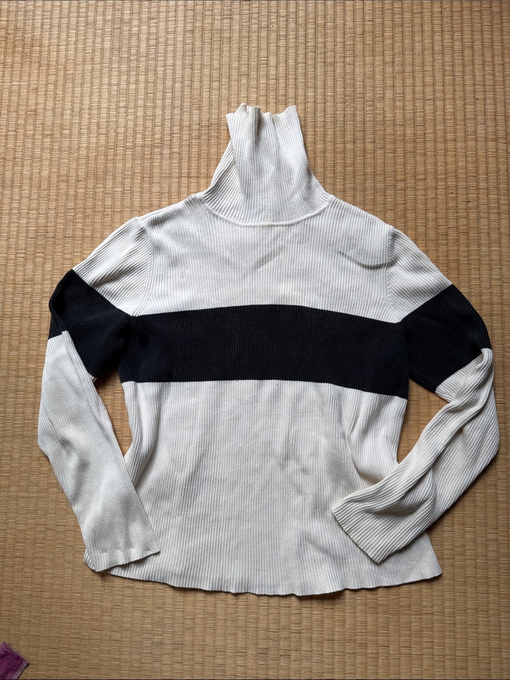 Turtleneck Ribbed Sweater with Contrast Stripe - Cream/Black